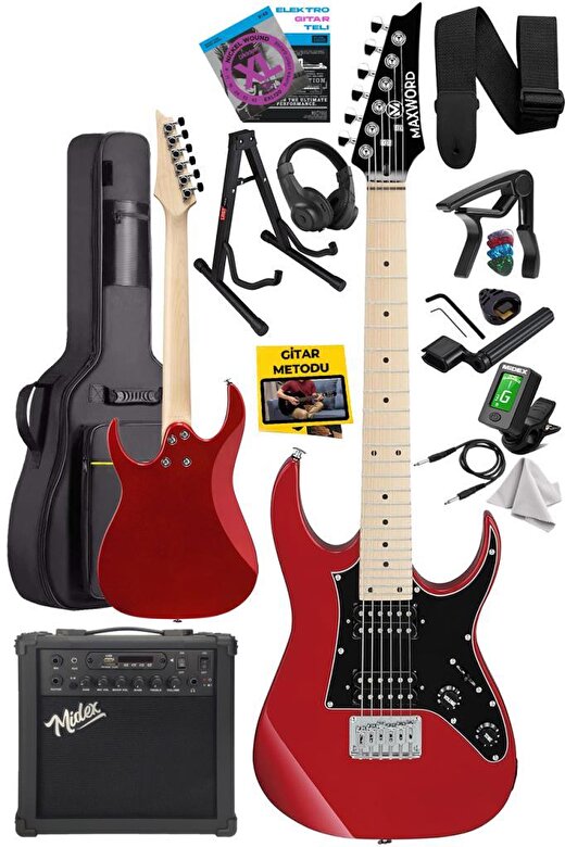 Maxword DE-150RD-25AMP Maple Klavye HH Yüksek Kaliteli 25W Amfili Elektro Gitar Seti 2