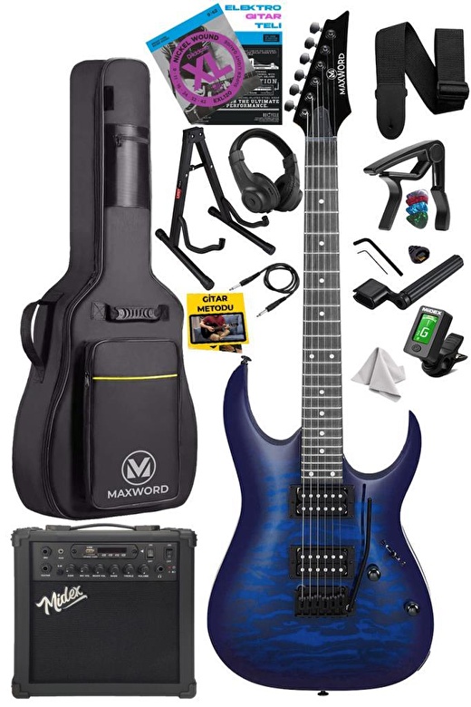 Maxword Grade-25AMP Blue Rosewood Yüksek Kalite Floyde Rose 25W Amfili Elektro Gitar 1