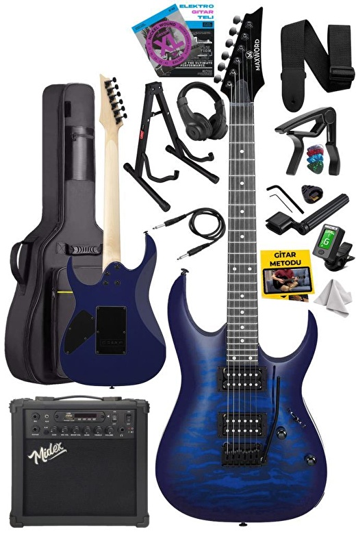 Maxword Grade-25AMP Blue Rosewood Yüksek Kalite Floyde Rose 25W Amfili Elektro Gitar 2