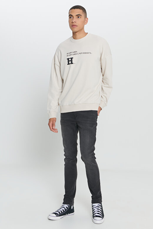 Erkek Açık Bej Oversize Fit Bol Kesim Harvard Lisanslı 3 İplik Pamuklu Bisiklet Yaka Sweatshirt 2