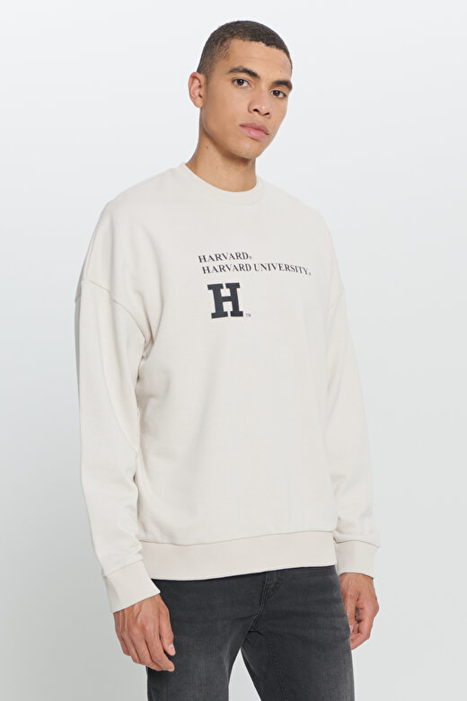 Erkek Açık Bej Oversize Fit Bol Kesim Harvard Lisanslı 3 İplik Pamuklu Bisiklet Yaka Sweatshirt 3