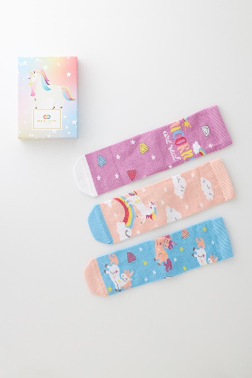 Kız Çocuk Unicorn Desenli 3'Lü Kutulu Soket Çorap 1
