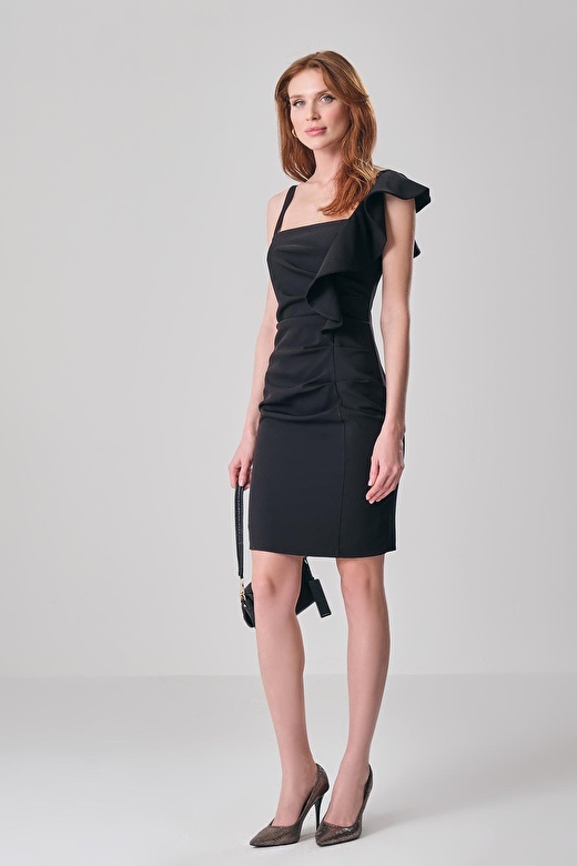 Volan Detaylı Askılı Mini Şık Elbise 2