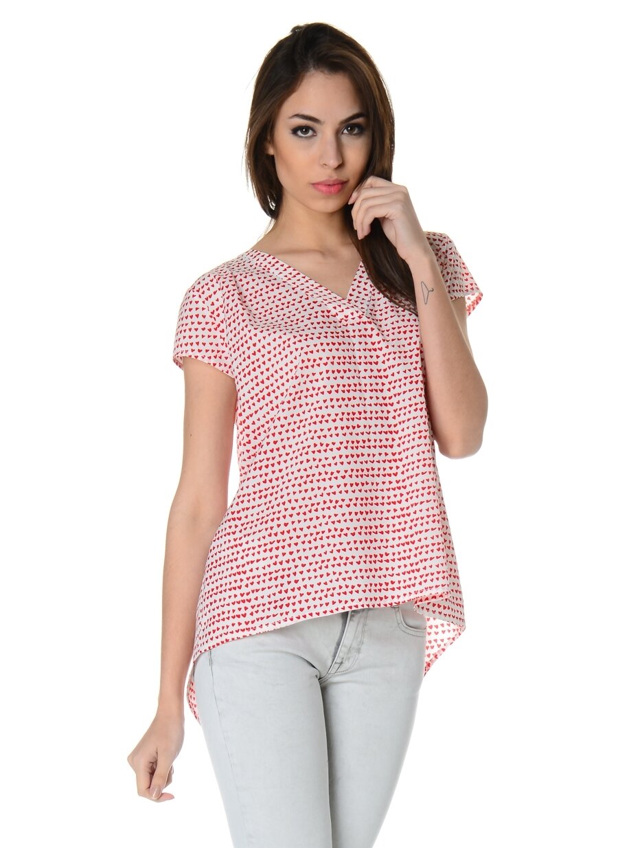36 Kırmızı Limon V Yaka Desenli Bluz Kadın Giyim Gömlek