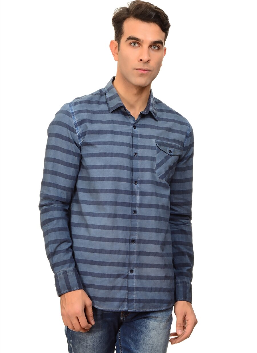 S Neon Lacivert T-Box PL Çizgili İndigo Gömlek Erkek Giyim