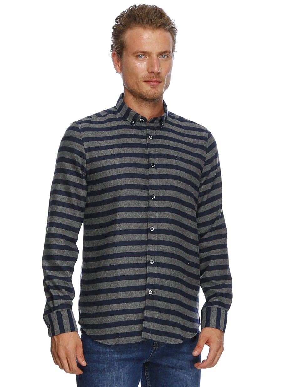 XL Koyu Lacivert North Of Navy Çizgili Gömlek Erkek Giyim