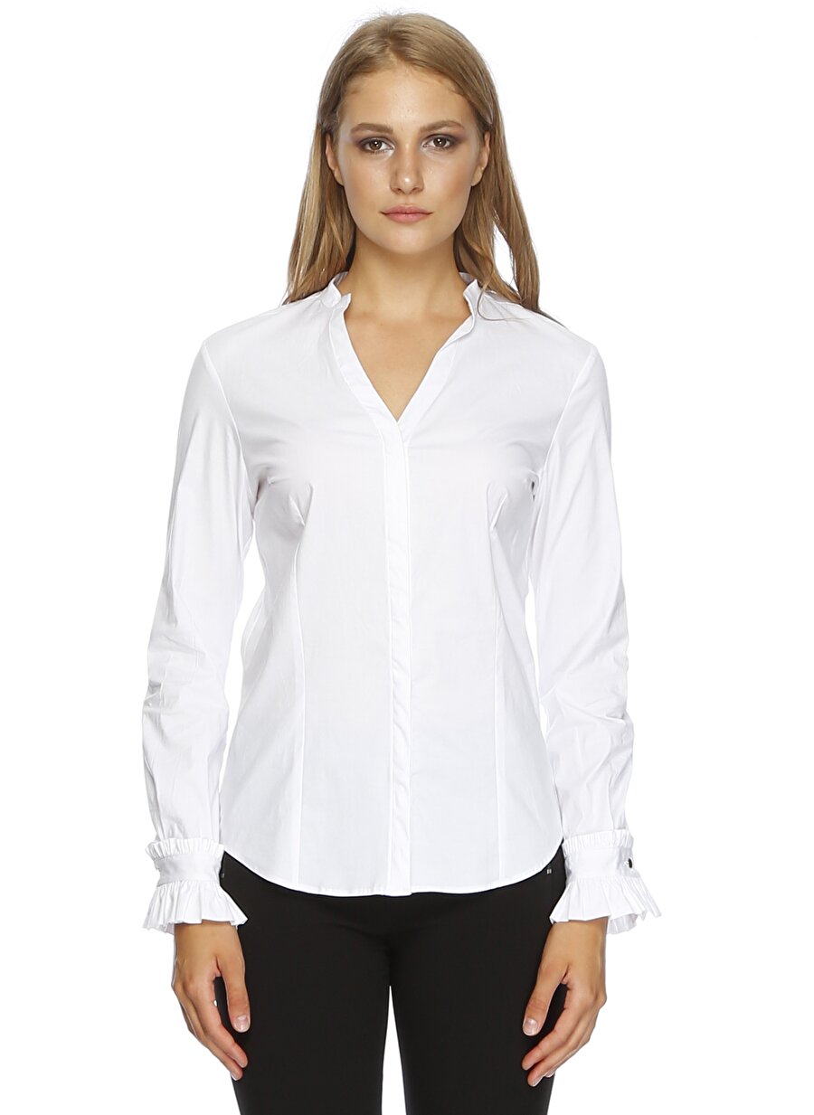 42 Beyaz Fabrika Bileği Fırfır Detaylı Gömlek Kadın Giyim Bluz