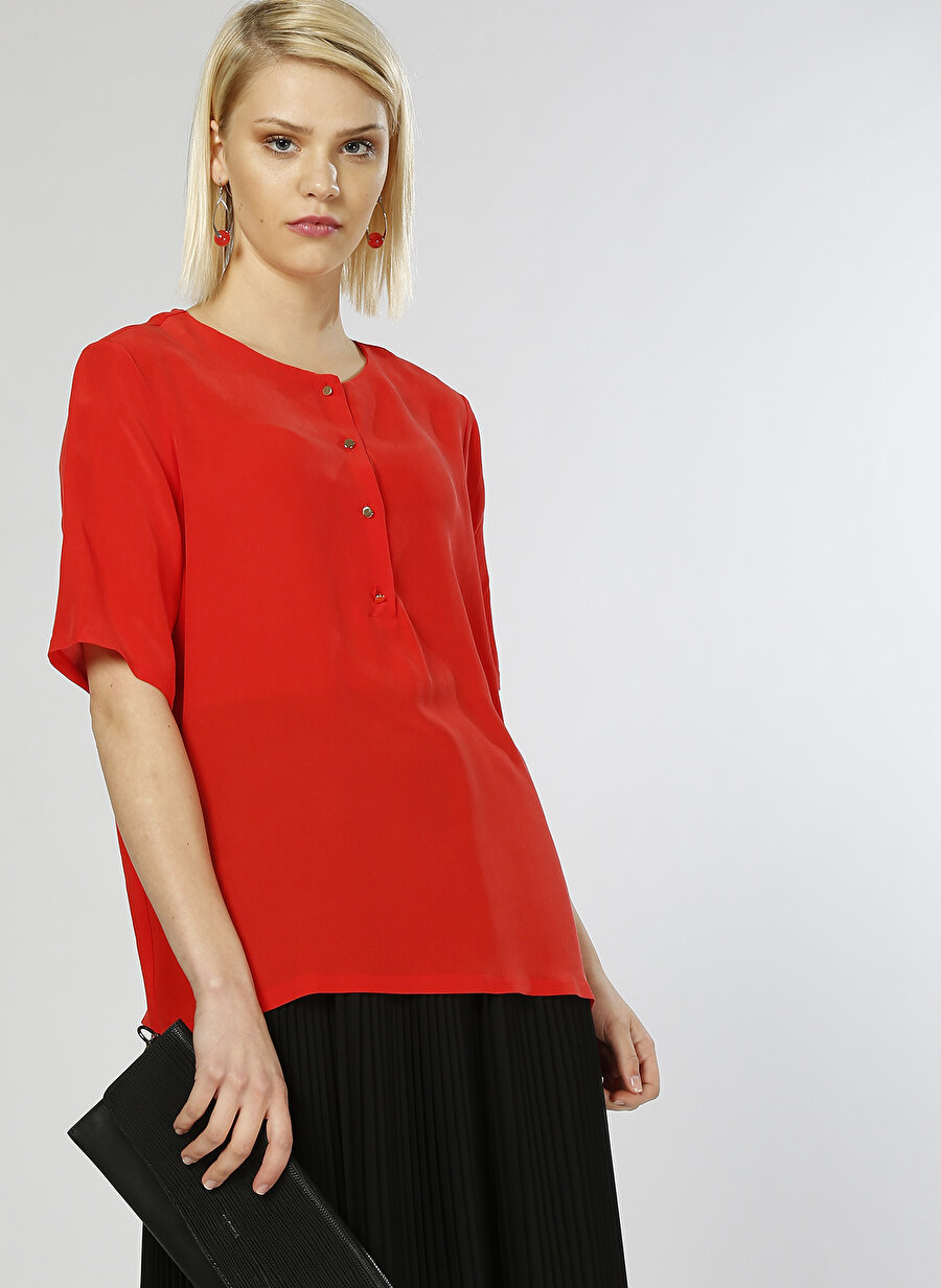38 Mercan Fabrika Şifon İpek Kırmızı Gömlek Kadın Giyim Bluz