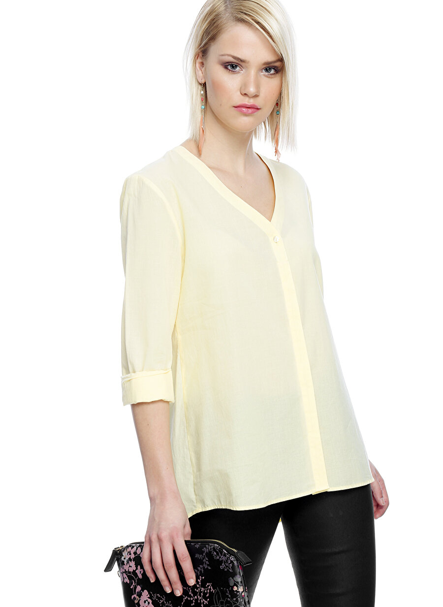 40 Sarı Limon V Yaka Gömlek Kadın Giyim Bluz