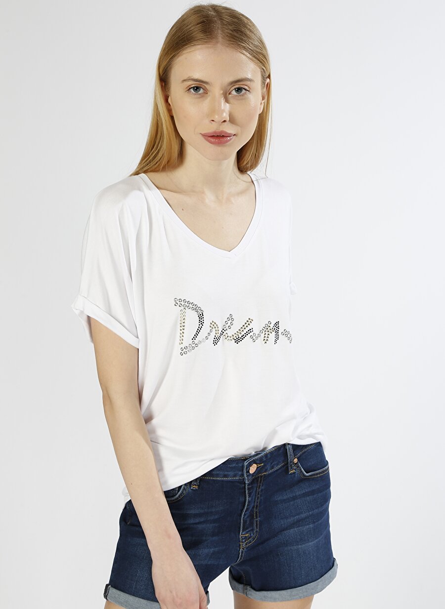 L Beyaz Fabrika Yazı İşlemeli T-Shirt Kadın Giyim T-shirt Atlet