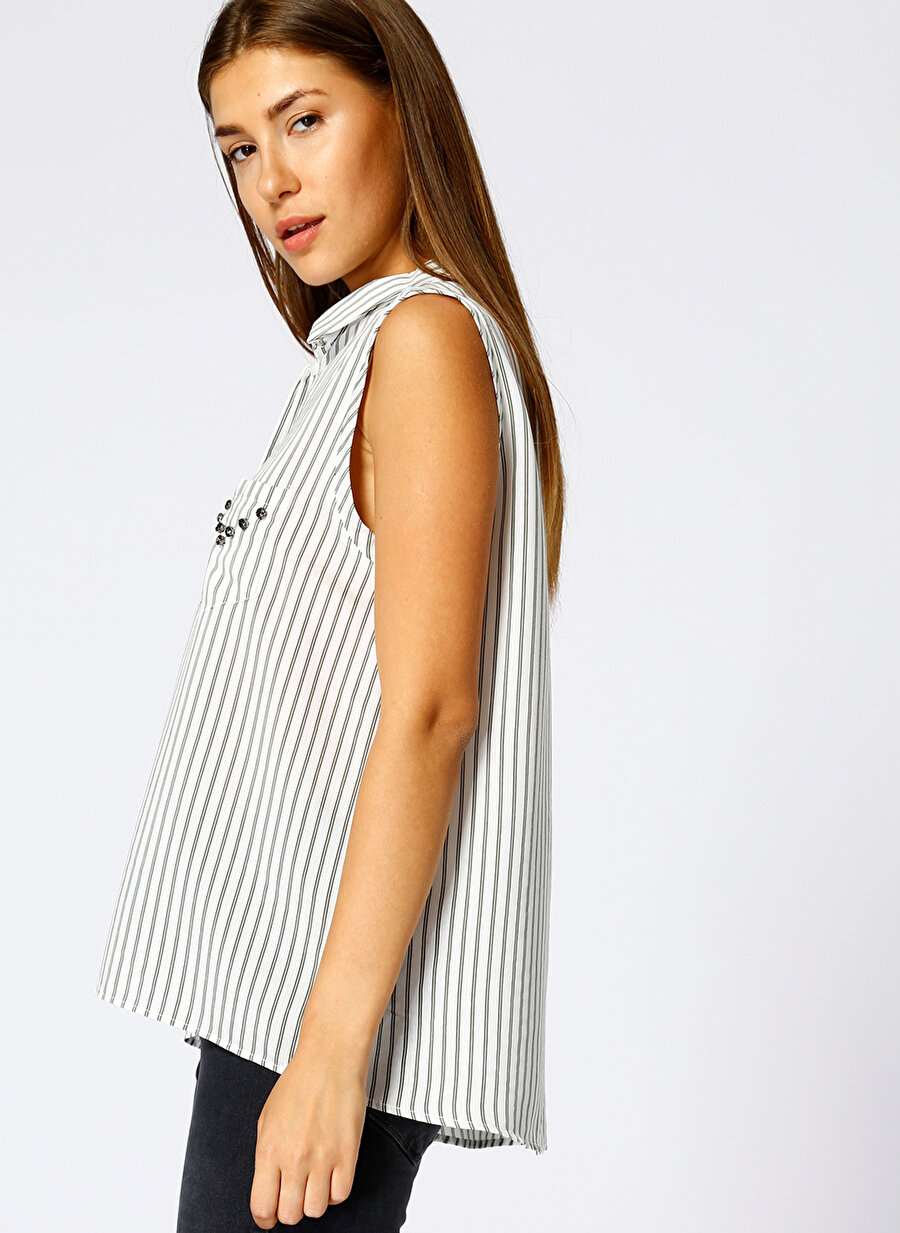 40 Haki Fabrika Çizgili Polo Yaka Gömlek Kadın Giyim Bluz