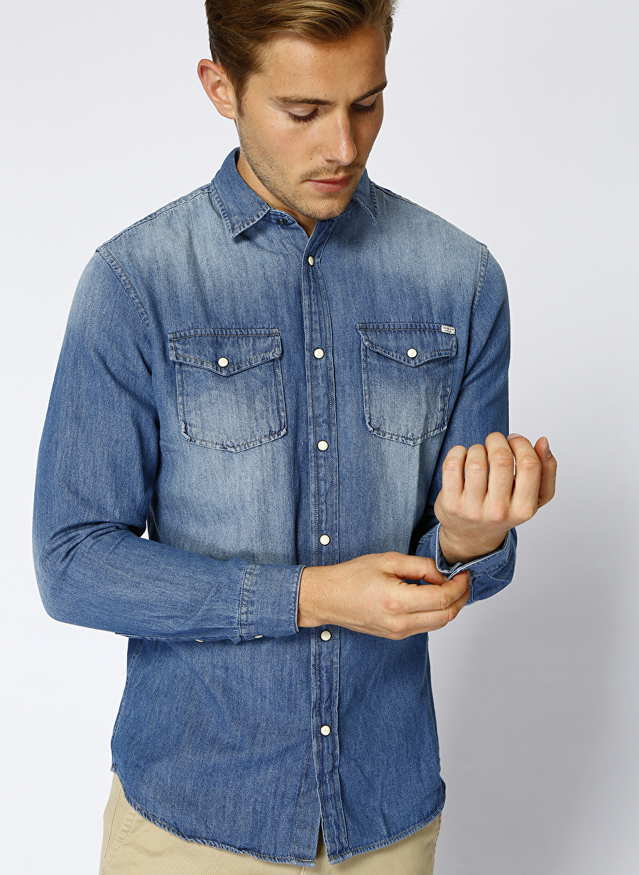 Jack & Jones 12138115 Mavi Erkek Denim Gömlek