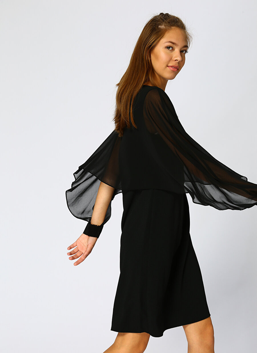 34 Siyah Random Tül Detaylı Elbise Kadın Giyim