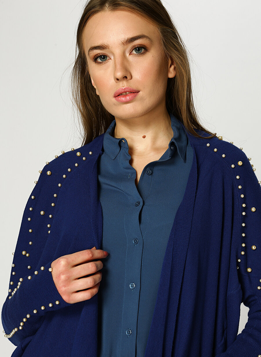 1 Lacivert Optique İnci İşlemeli Saks Mavisi Hırka Kadın Giyim Kazak