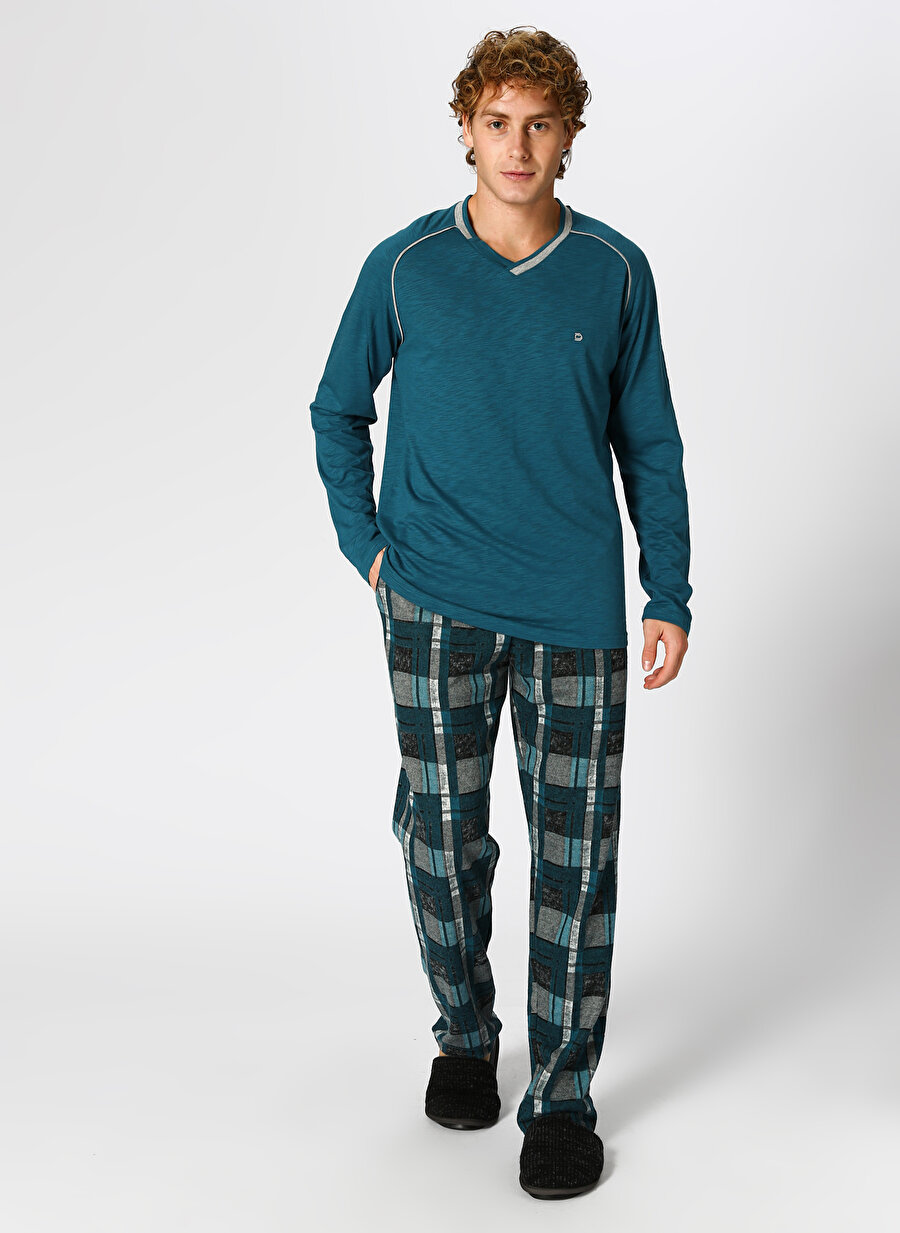 XL Petrol Dagi Flamlı Yeşil V Yaka Pijama Takımı Erkek İç Giyim