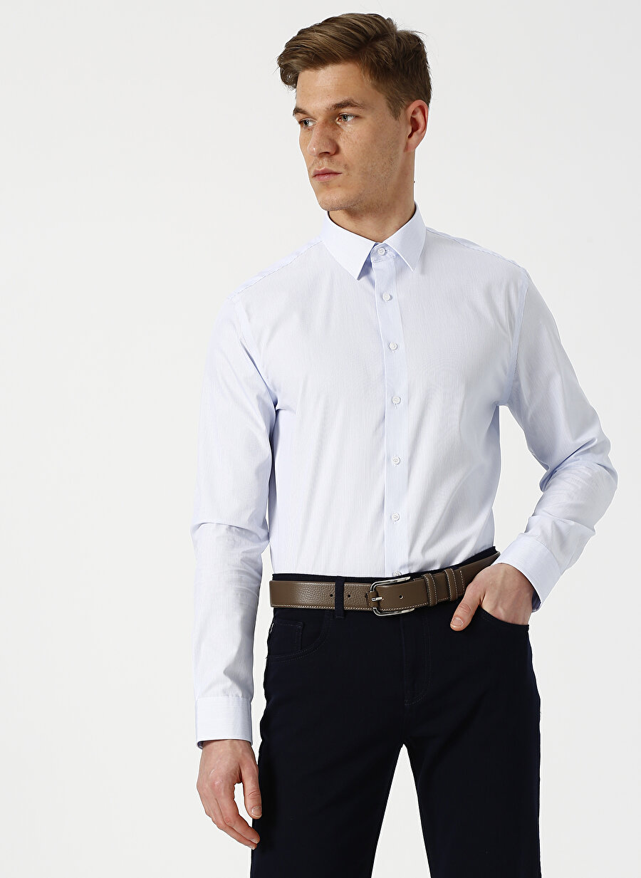 2XL Beyaz - Mavi Fabrika Gömlek Erkek Giyim