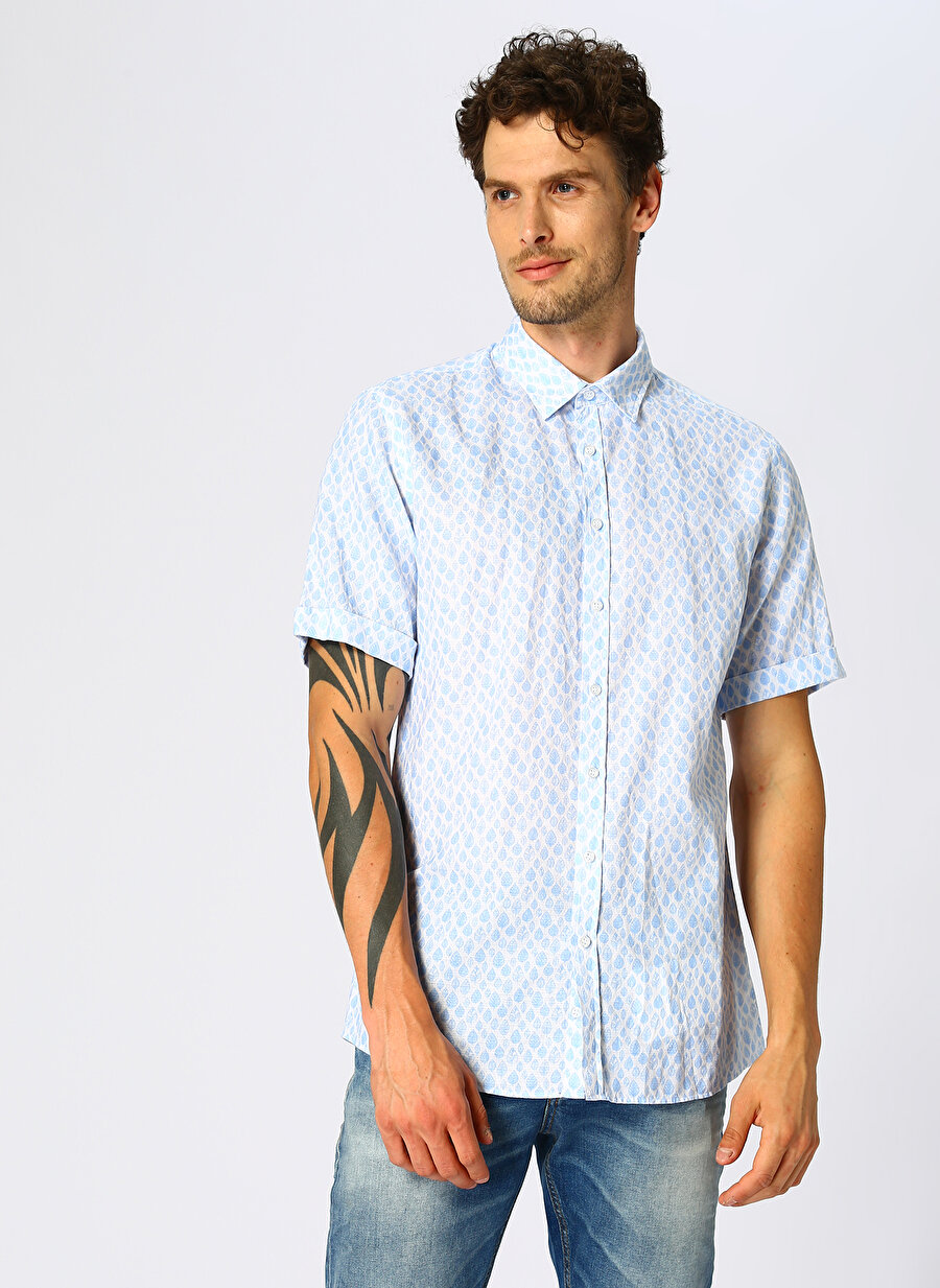 XL Mavi - Beyaz Fabrika Gömlek Erkek Giyim