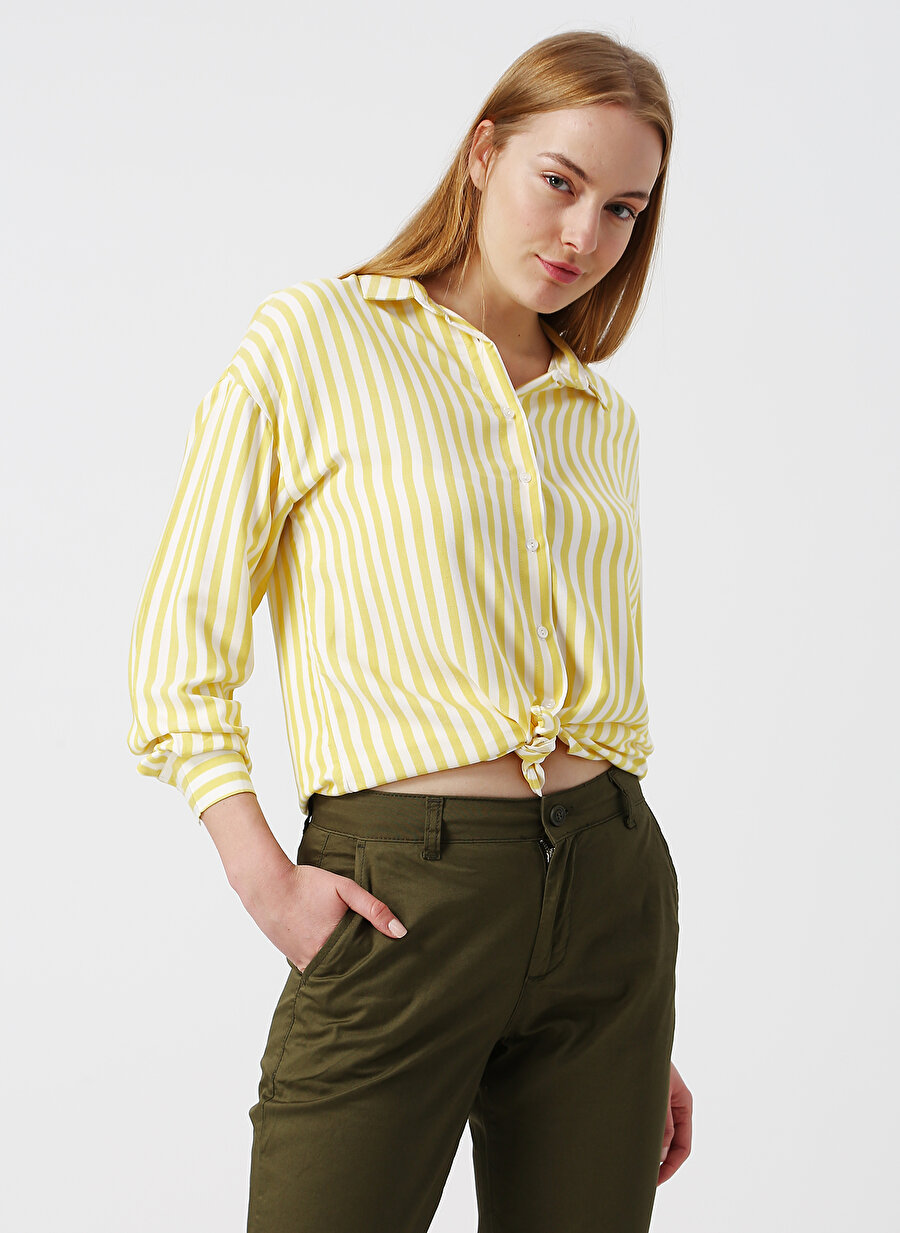 38 Sarı - Beyaz Limon Gömlek Kadın Giyim Bluz