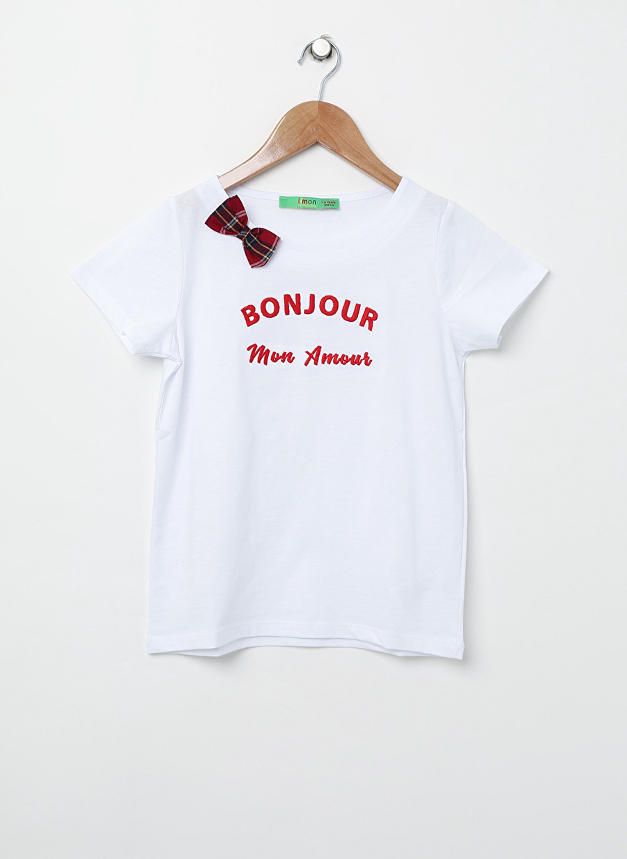 Limon Beyaz Fiyonk Detaylı Kız Çocuk T-Shirt