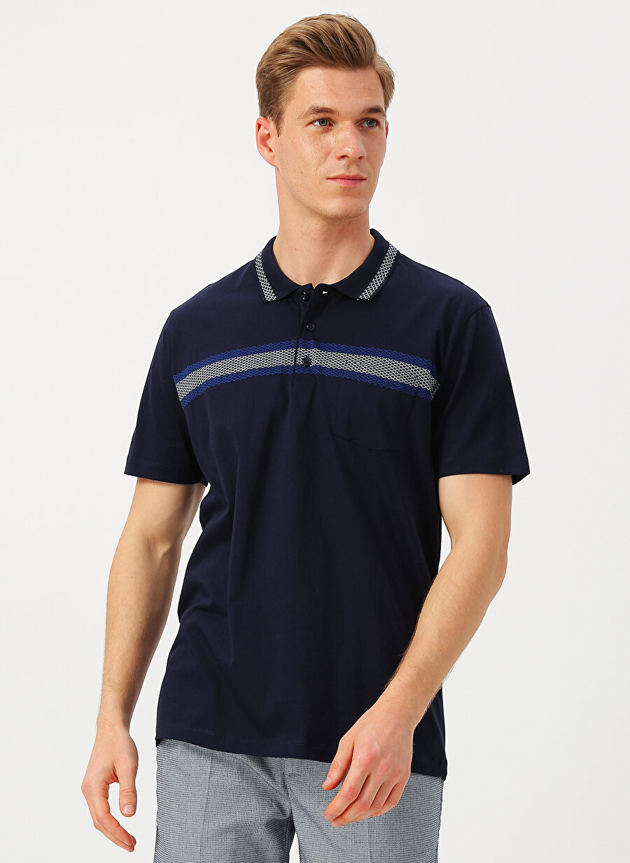 M Lacivert Cotton Bar Şerit Detaylı Düz Polo T-Shirt Erkek Giyim T-shirt Atlet