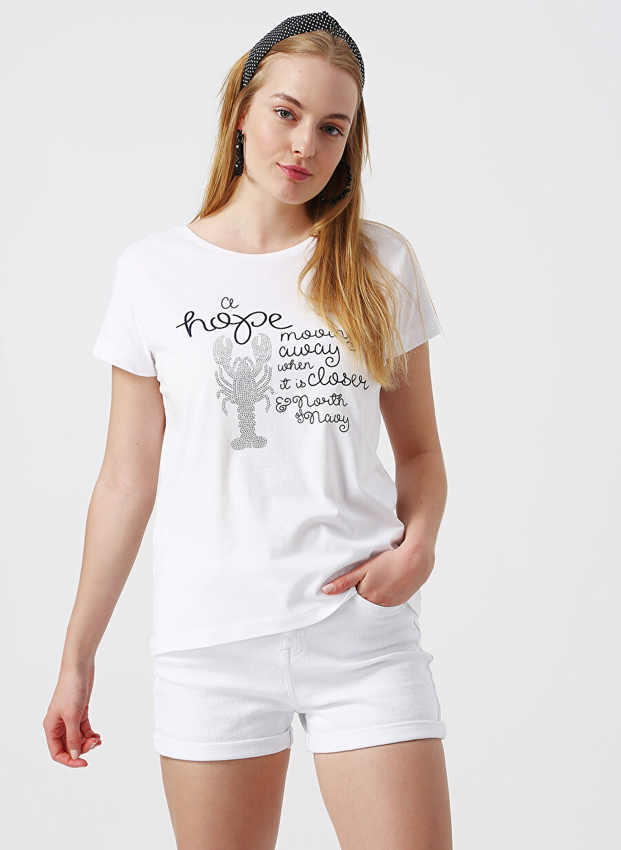 S Beyaz North Of Navy Baskılı Yazılı T-Shirt Kadın Giyim T-shirt Atlet