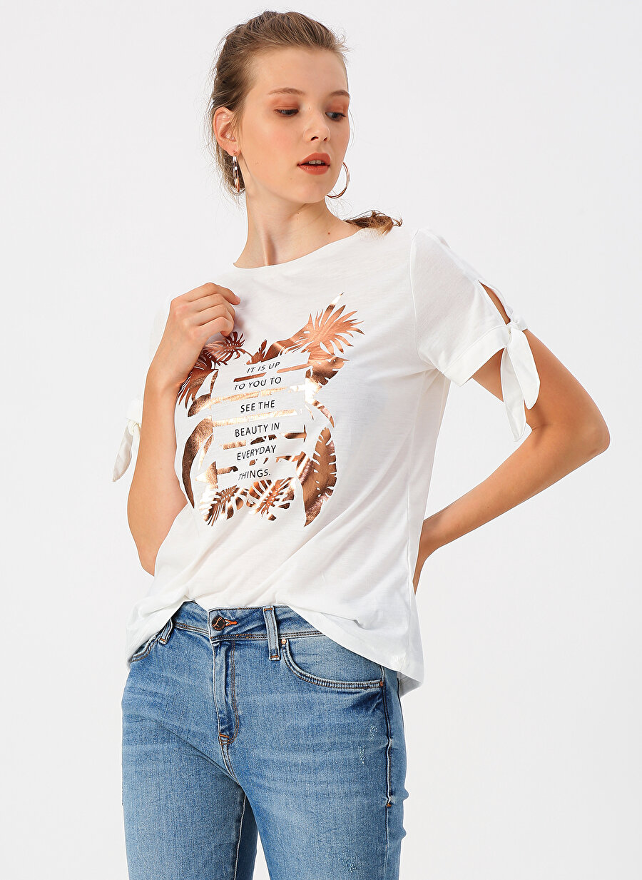 XL Ekru Fabrika Baskılı T-Shirt Kadın Giyim T-shirt Atlet