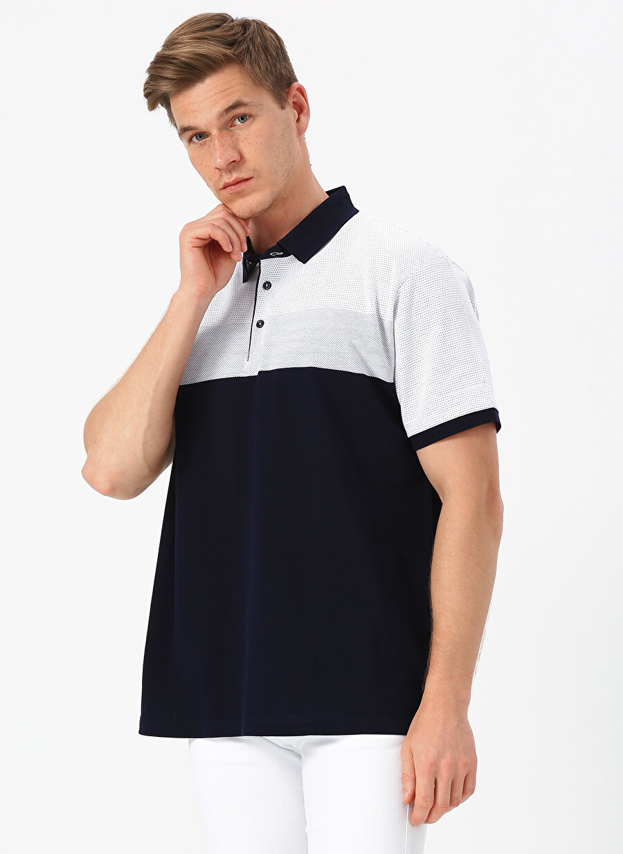L Beyaz - Mavi Cotton Bar Polo T-Shirt Erkek Giyim T-shirt Atlet