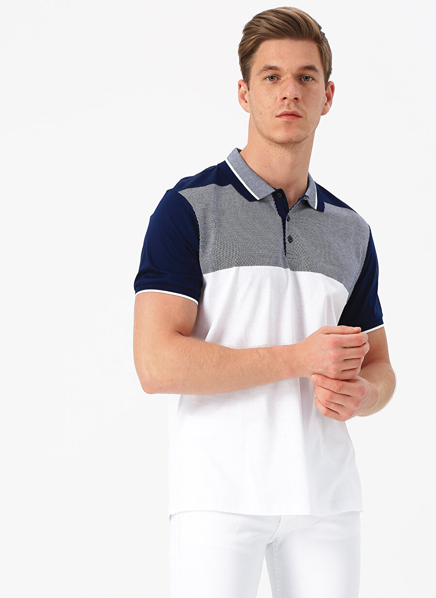 S Beyaz - Mavi Cotton Bar Polo T-Shirt Erkek Giyim T-shirt Atlet