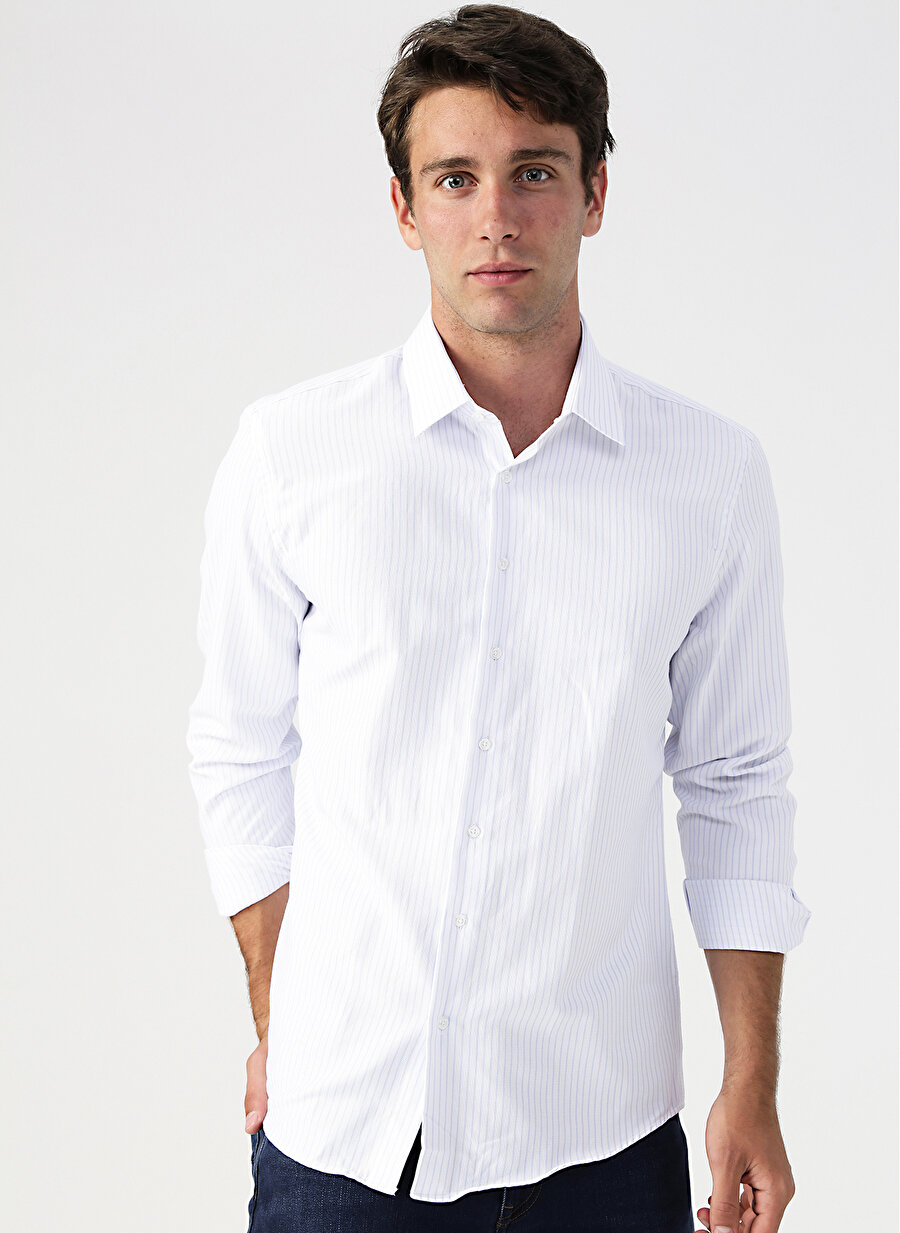 XL Beyaz - Mavi Fabrika Gömlek Erkek Giyim