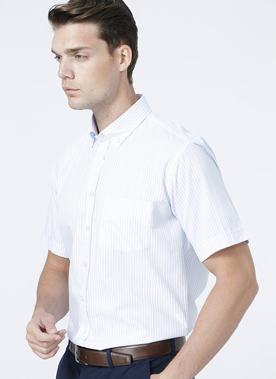 Beymen Business Beyaz - Mavi Erkek Kısa Kollu Gömlek
