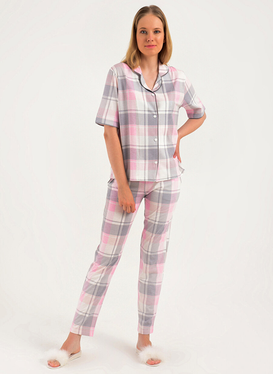 Magic Form 18280 V Yaka Normal Kalıp Desenli Gri Kadın Pijama Takımı