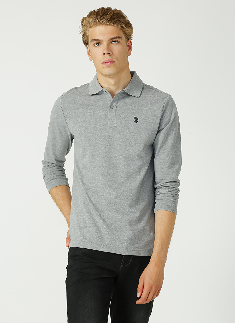 U.S. Polo Assn. Polo Yaka  Gri Melanj Erkek Sweatshirt