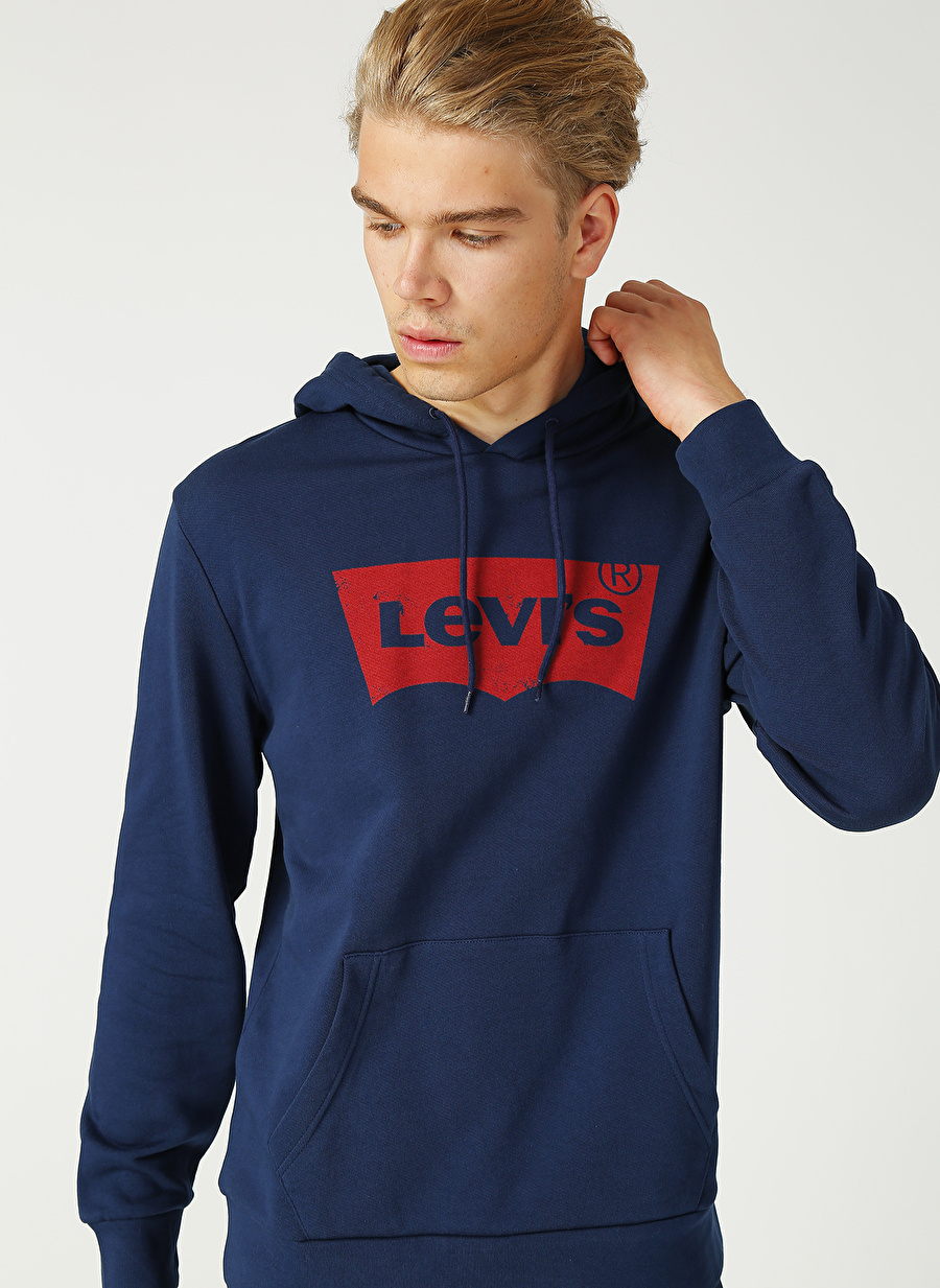 Levis 19622-0007 Kapüşonlu Standart Düz Mavi Erkek Sweatshirt