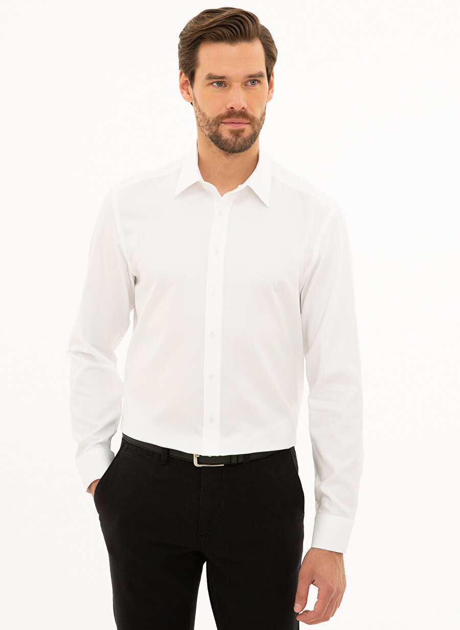 Pierre Cardin Klasik Yaka Regular Fit Armürlü Beyaz Erkek Gömlek