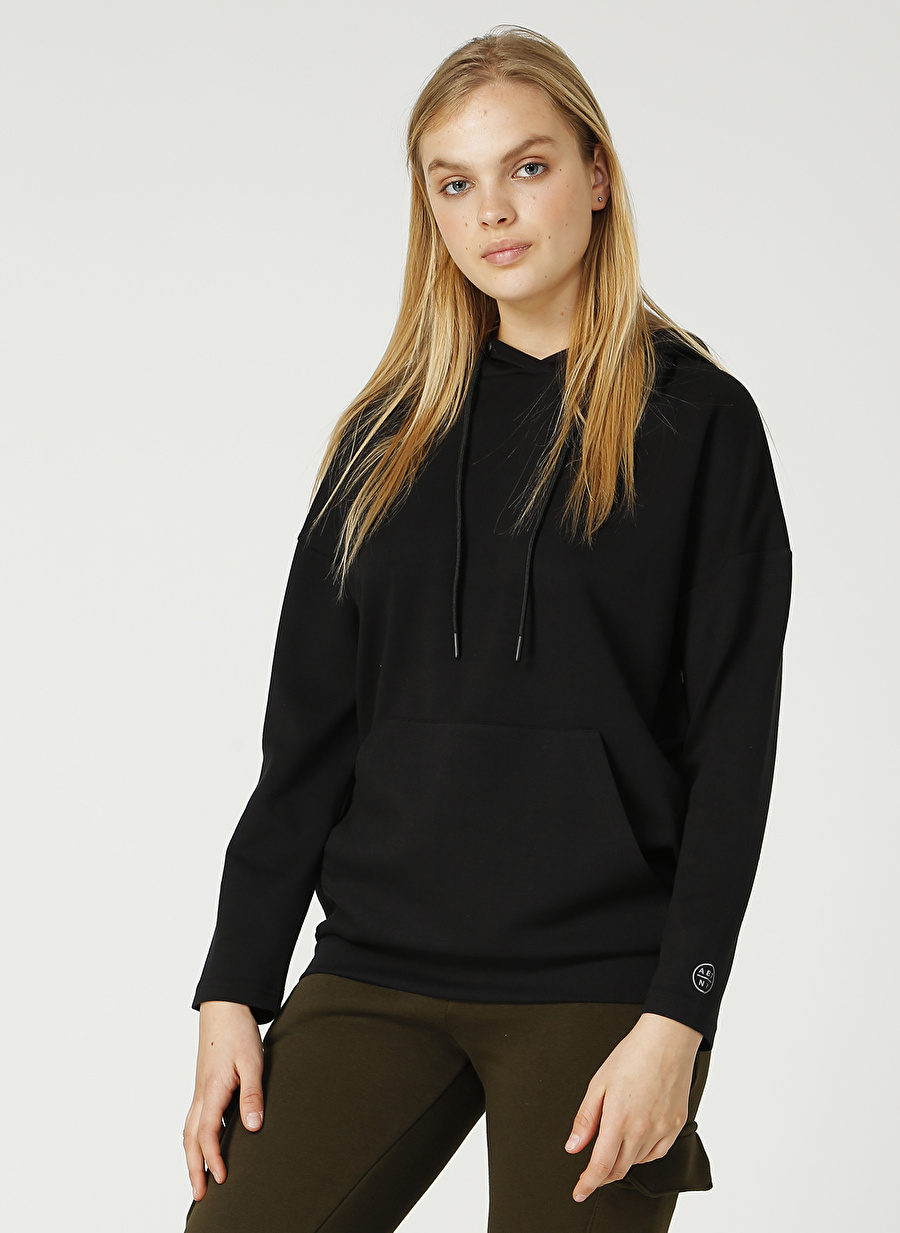 Aeropostale Y-Brush Kapüşonlu Uzun Kollu  Regular Fit Düz Siyah Kadın Sweatshirt