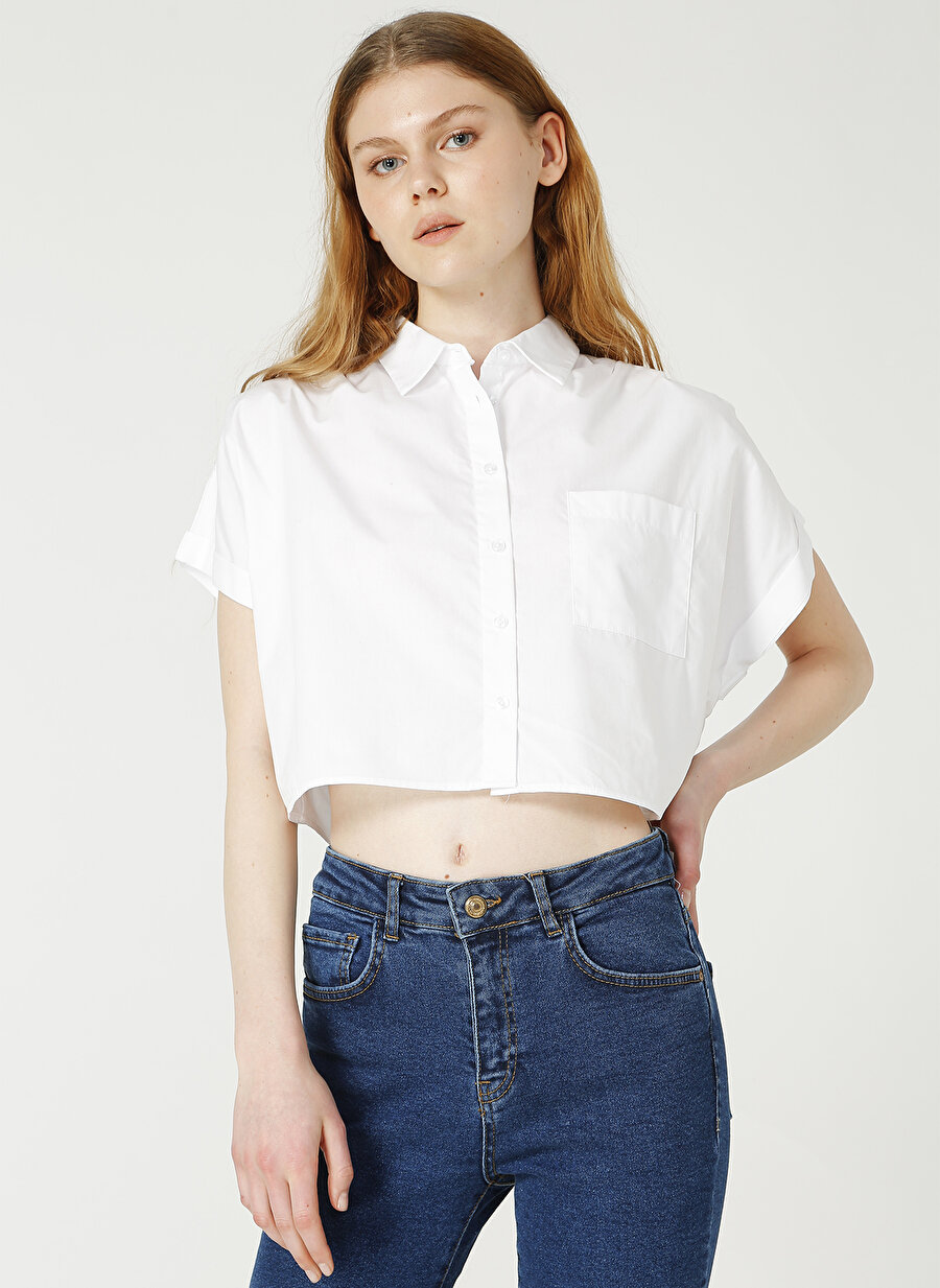 Limon Gömlek Yaka Kısa Kollu Cepli Geniş Fit Düz Beyaz Kadın Gömlek