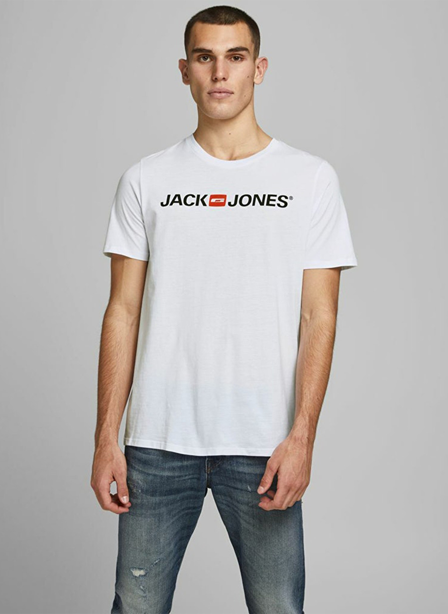 Jack & Jones Bisiklet Yaka Kısa Kol Slim Fit Baskılı %100 Pamuk Beyaz Erkek T-Shirt