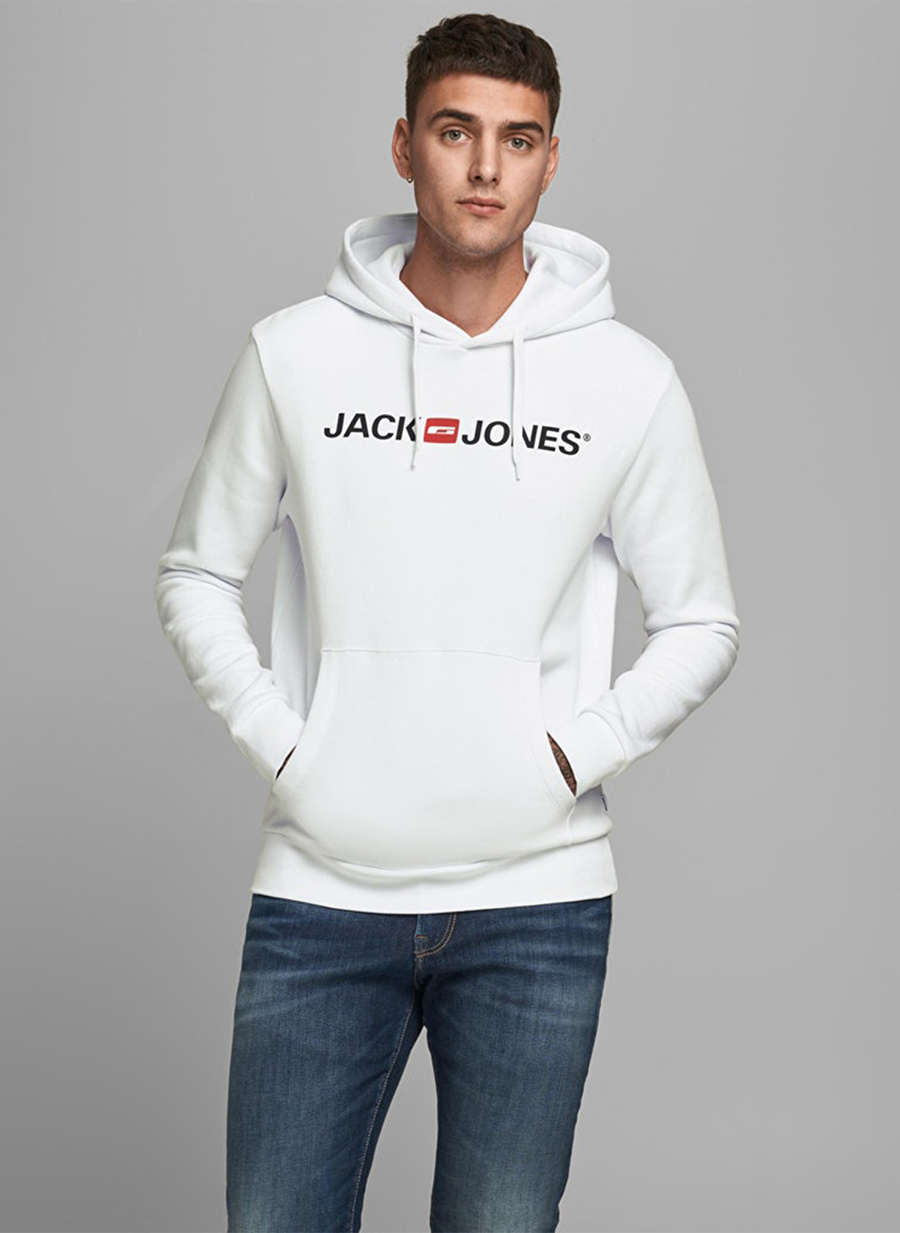 Jack & Jones 12137054_Jjecorp Old Logo Sweat Hoo Kapüşonlu Regular Fit Baskılı Beyaz Erkek Sweatshirt