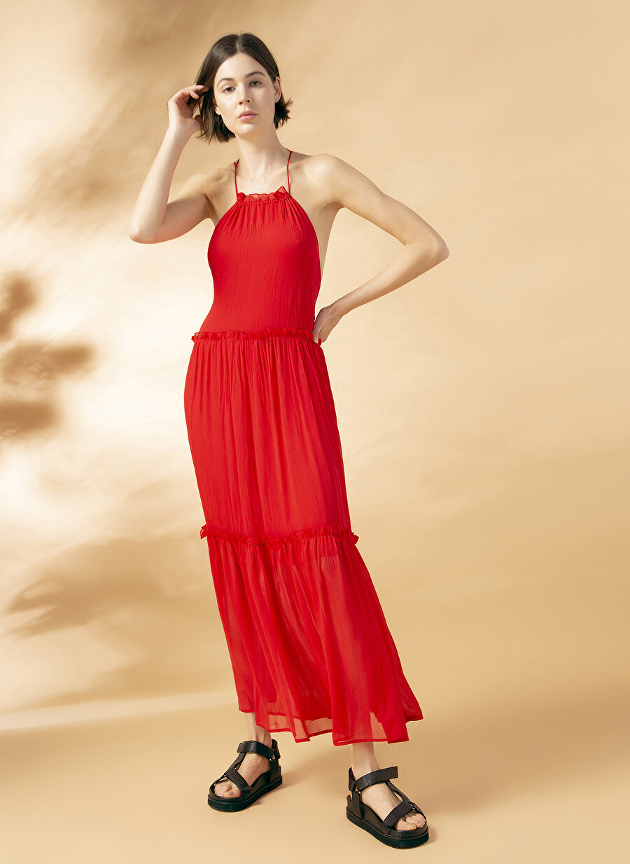 Ezomola Kare Yaka Düz Kırmızı Kadın Elbise