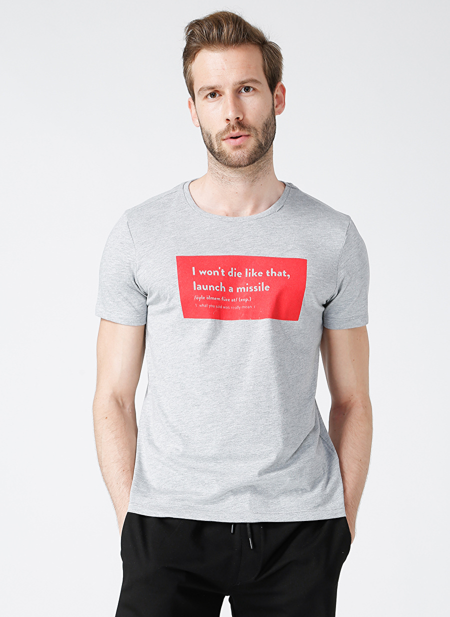 Turkish Dictionary O Yaka Gri Melanj Erkek T-Shirt