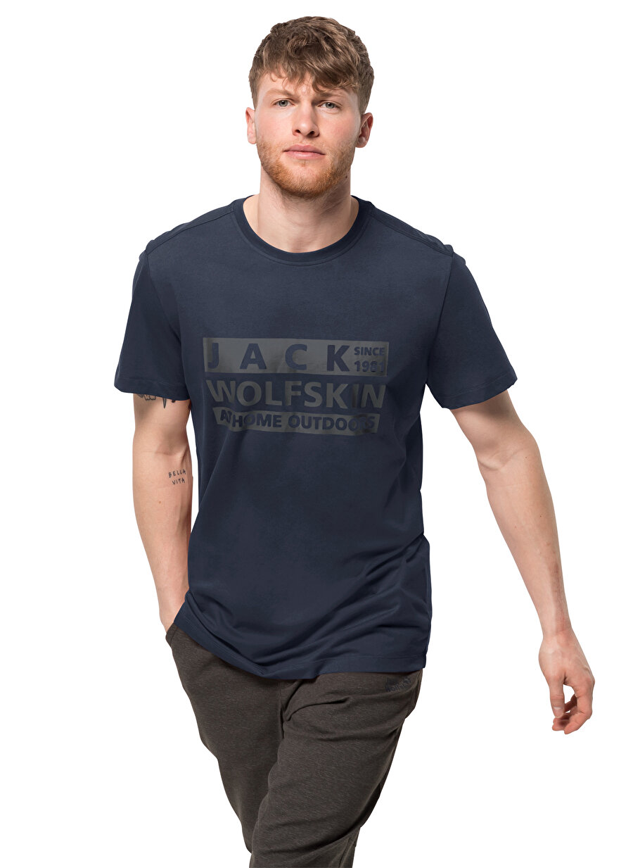 Jack Wolfskin Brand T M Bisiklet Yaka Kısa Kollu Baskılı Mavi Erkek T-Shirt
