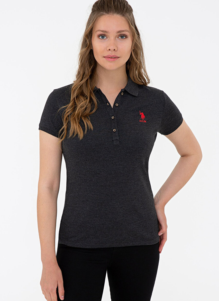 U.S. Polo Assn. Polo Yaka Düz Siyah Kadın T-Shirt RC-TP0121