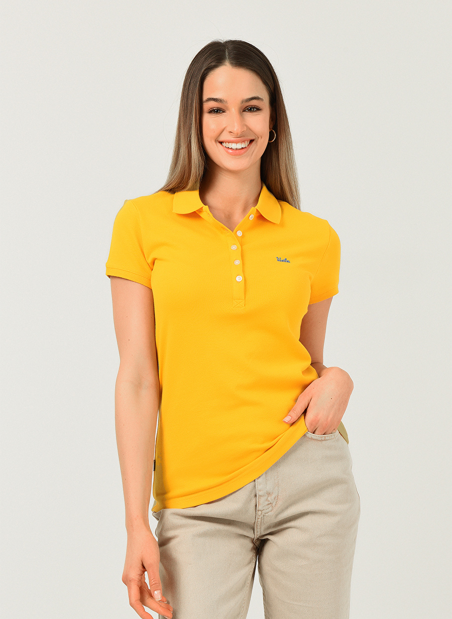 Ucla Polo Yaka Nakışlı Sarı Kadın T-Shirt