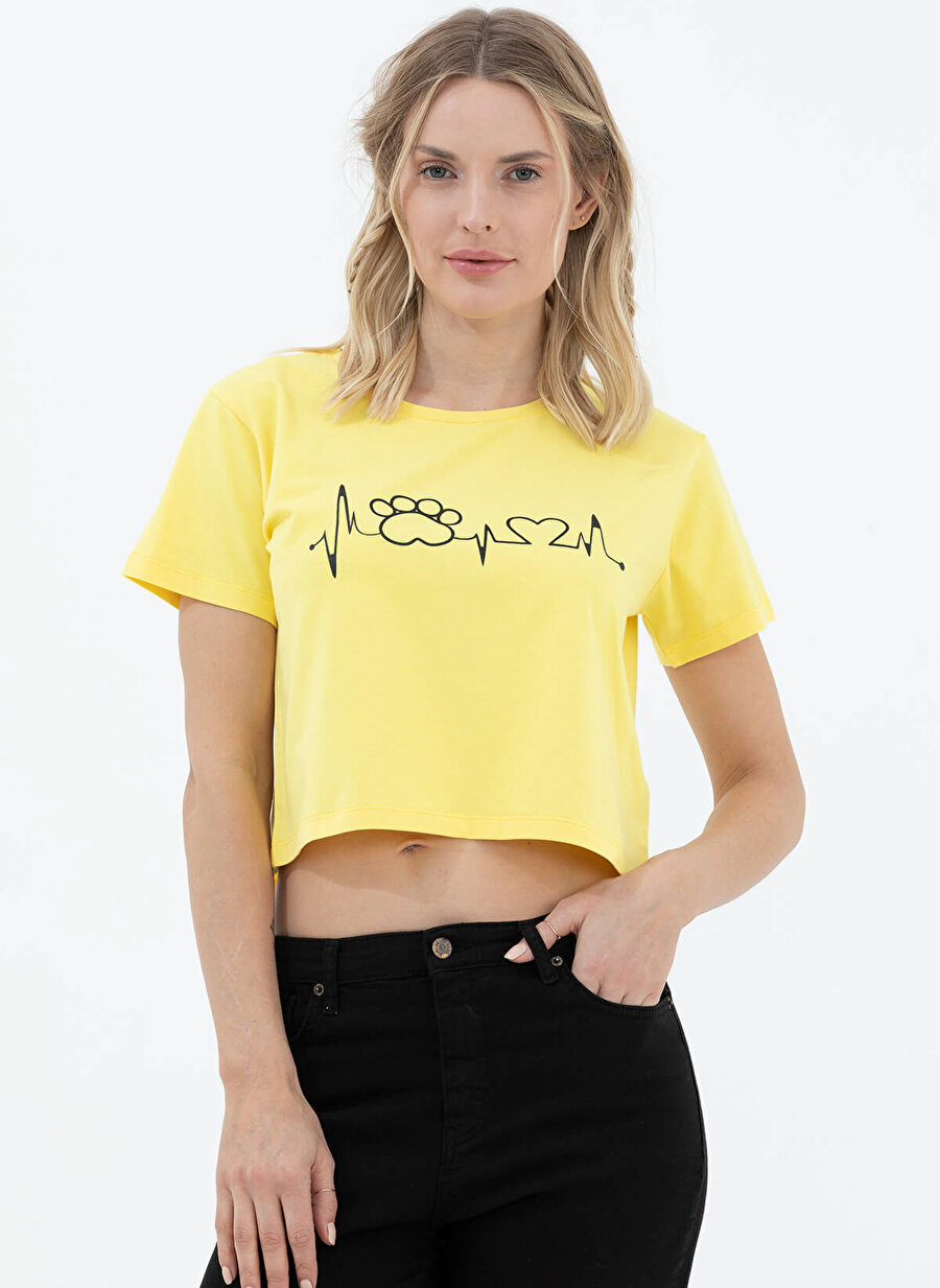 Sementa 21Y2231-75605.0001 Bisiklet Yaka Baskı Desenli Kısa Kol Oversized Sarı Kadın T-Shirt