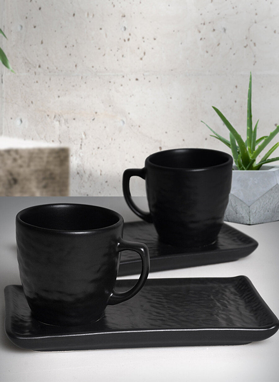 Keramika Mat Siyah Doğaltaş 2 Kişilik Kahve Sunum Seti