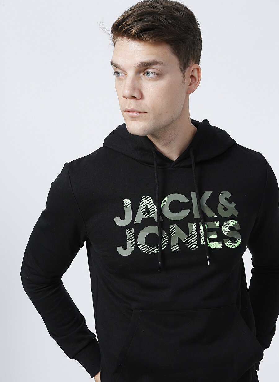 Jack & Jones 12189147_Jjsoldier Logo Sweat Hood Kapüşonlu Uzun Kollu Regular Fit Baskılı Siyah Erkek Sweatshirt