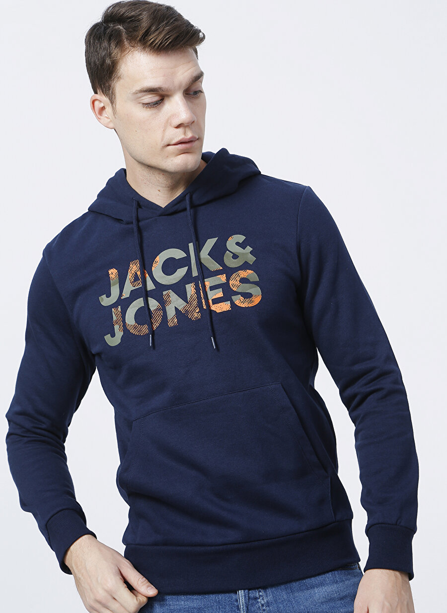 Jack & Jones 12189147_Jjsoldier Logo Sweat Hood Kapüşonlu Uzun Kollu Regular Fit Baskılı Lacivert Erkek Sweatshirt