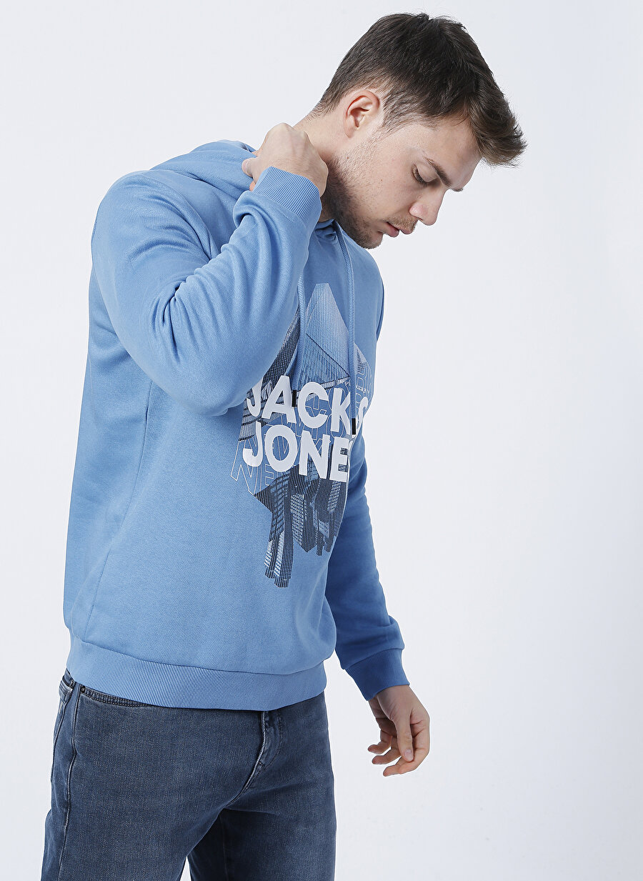 Jack & Jones 12192888_Jcoyork Sweat Hood Kapüşonlu Uzun Kollu Regular Fit Baskılı Açık Mavi Erkek Sweatshirt