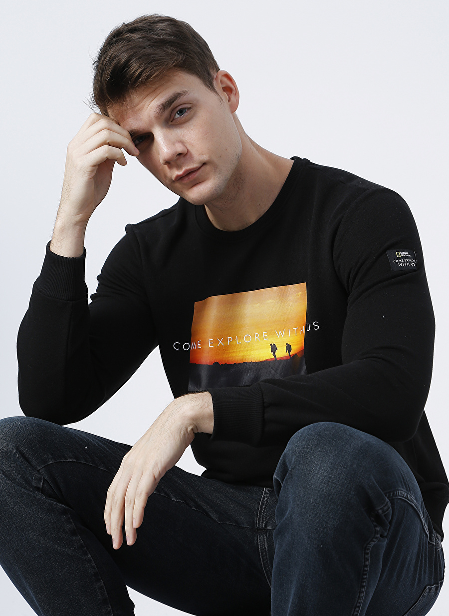 National Geographic C-SUNSET Bisiklet Yaka Standart Kalıp Baskılı Siyah Erkek Sweatshirt