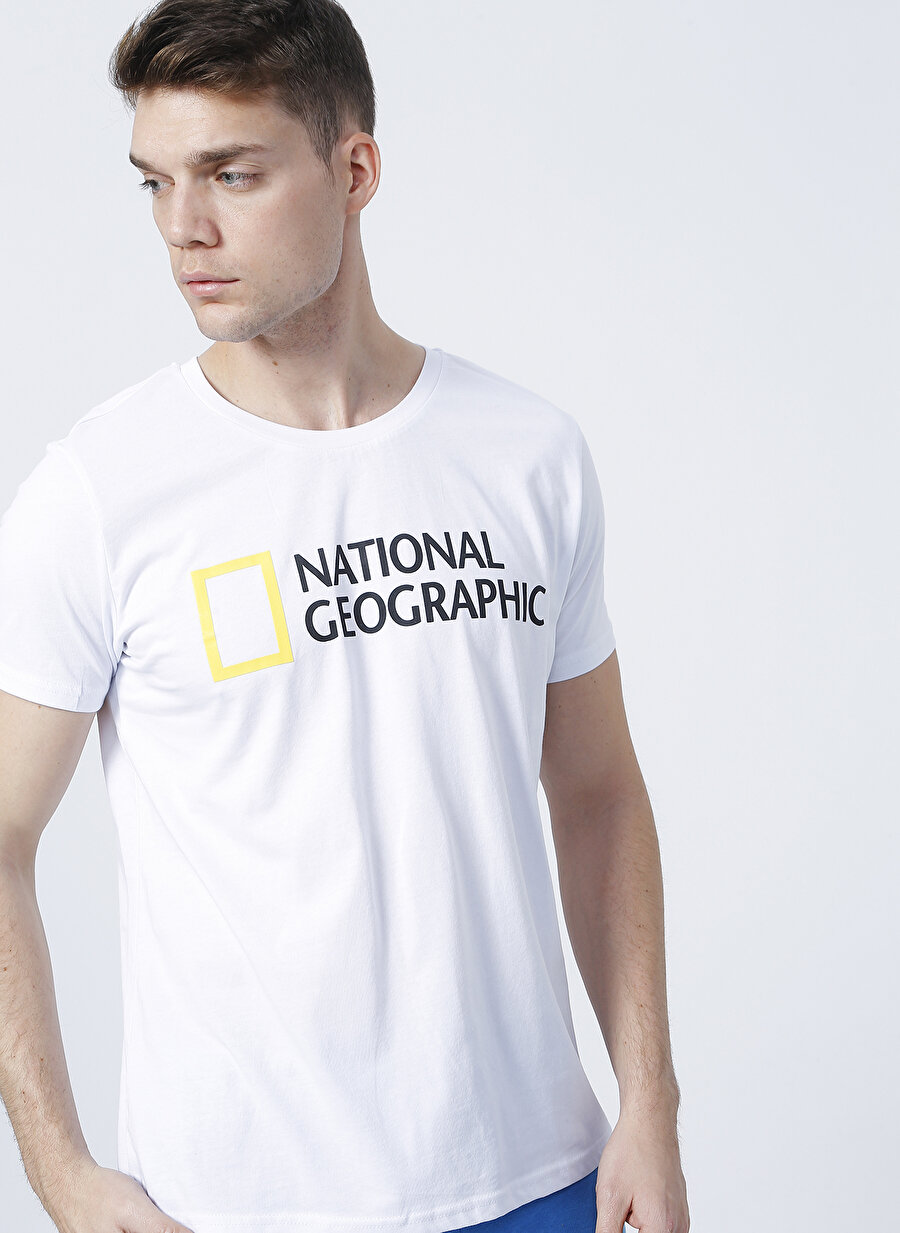 National Geographic Superior Bisiklet Yaka Kısa Kollu Standart Kalıp Baskılı Açık Beyaz Erkek T-Shirt